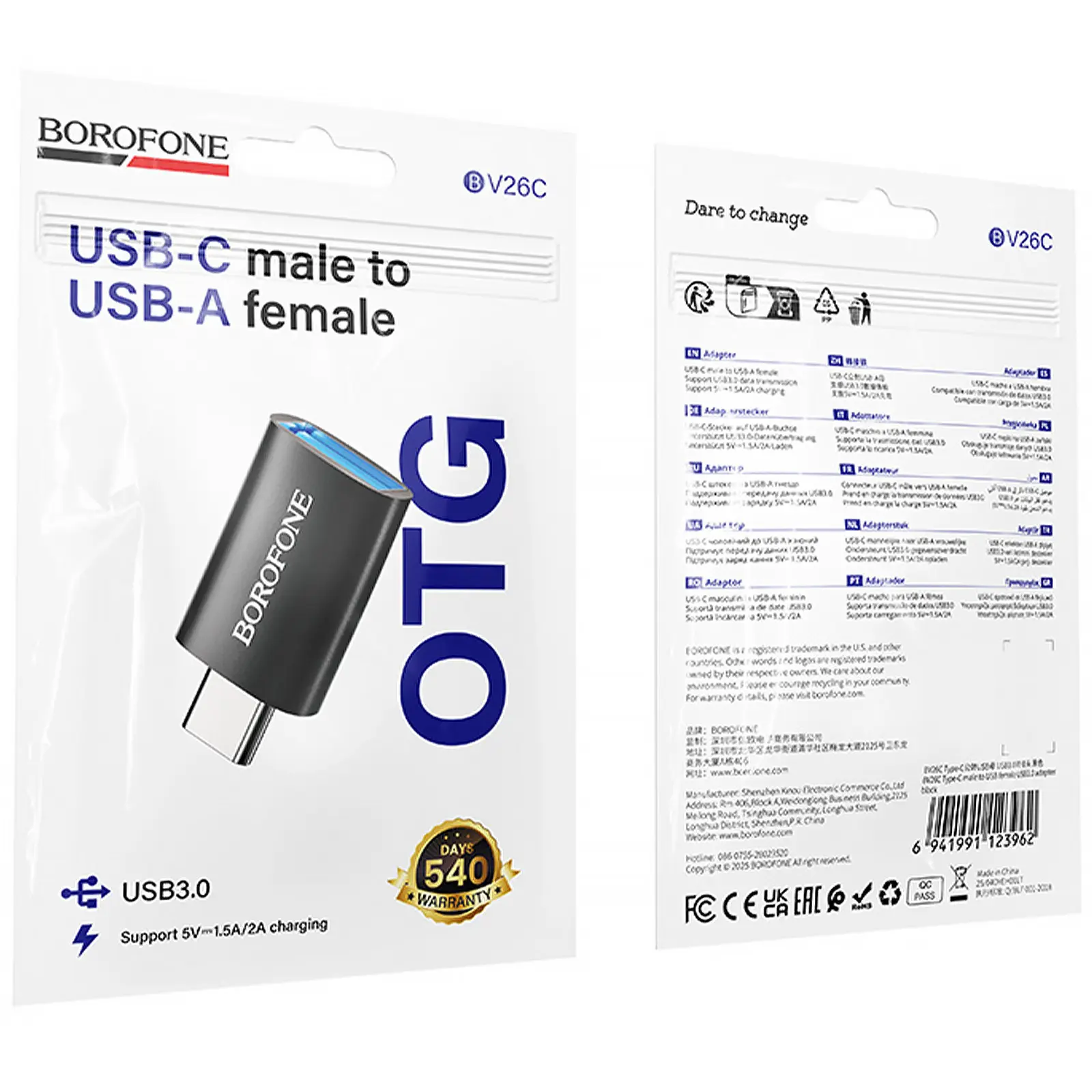 Переходник Borofone BV26C Type-C Male to USB Female USB3.0, Black 1, купить оптом с доставкой