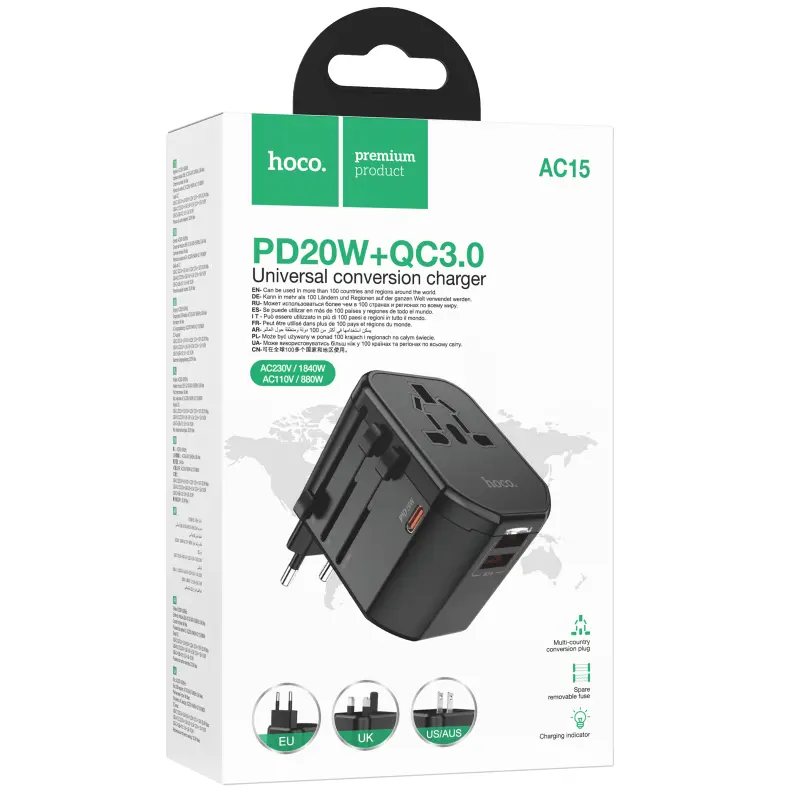 Сетевой универсальный переходник Hoco AC15 Walker PD20W+QC3.0 (2USB-A/1C) (EU), Black 1, купить оптом с доставкой