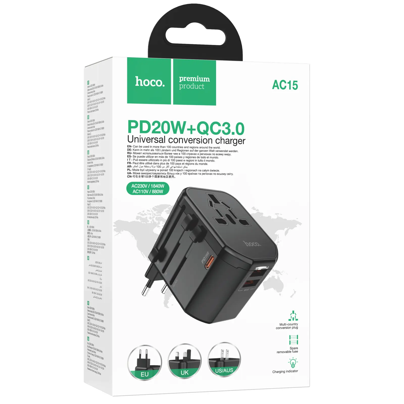 Сетевой универсальный переходник Hoco AC15 Walker PD20W+QC3.0 (2USB-A/1C) (EU), Black 1, купить оптом с доставкой