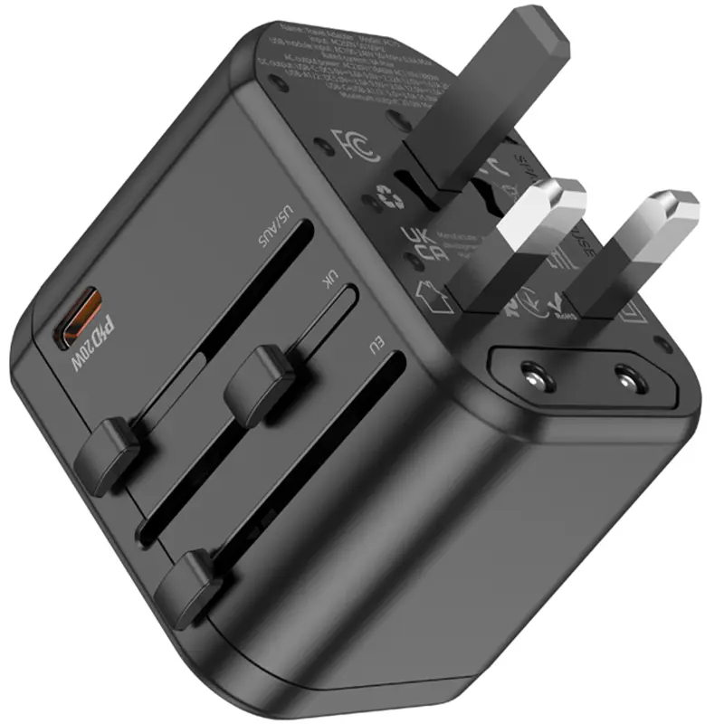 Сетевой универсальный переходник Hoco AC15 Walker PD20W+QC3.0 (2USB-A/1C) (EU), Black 3, купить оптом с доставкой