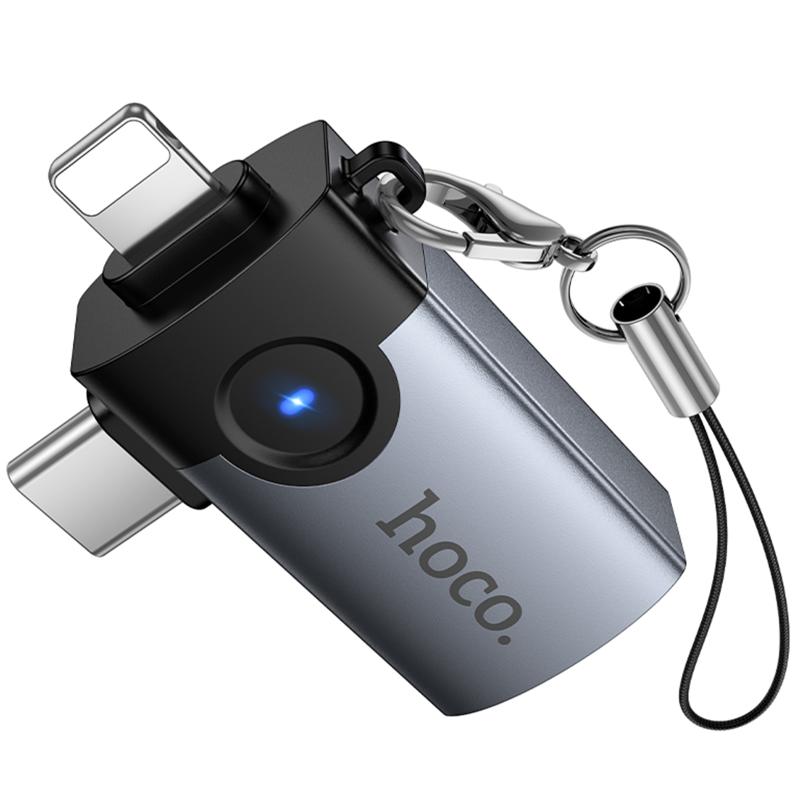 Переходник Hoco UA46D OTG 2in1 Lightning male/Type-C male to USB female на картинке №1