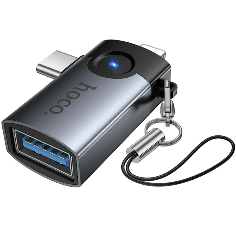 Переходник Hoco UA46D OTG 2in1 Lightning male/Type-C male to USB female, Metal gray 2, купить оптом с доставкой