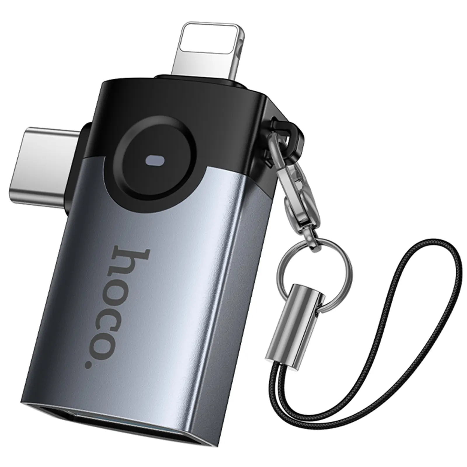 Переходник Hoco UA46D OTG 2in1 Lightning male/Type-C male to USB female, Metal gray 3, купить оптом с доставкой