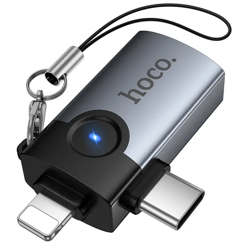 Переходник Hoco UA46D OTG 2in1 Lightning male/Type-C male to USB female, Metal gray 4, купить оптом с доставкой