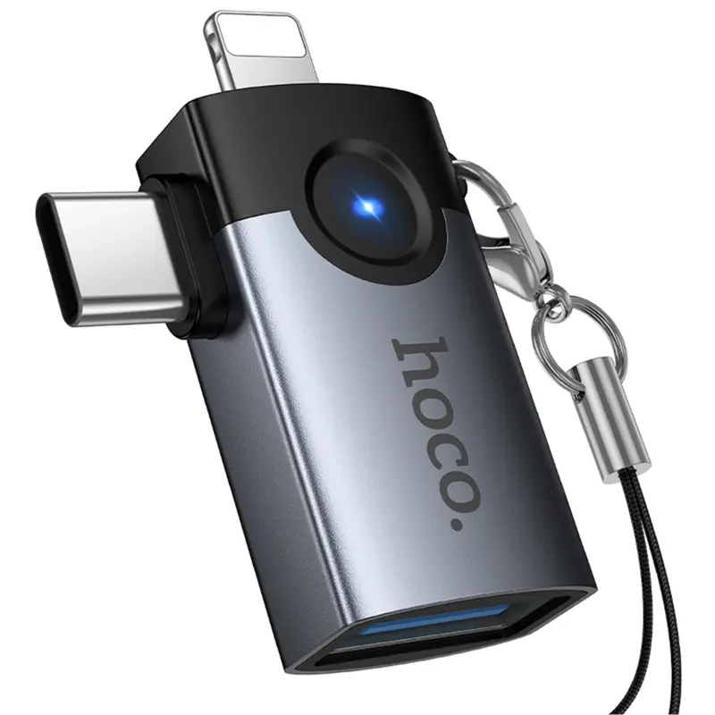 Переходник Hoco UA46D OTG 2in1 Lightning male/Type-C male to USB female, Metal gray 5, купить оптом с доставкой