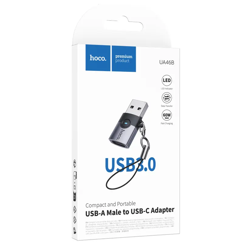 Перехідник Hoco UA46B USB Male to Type-C Female USB3.0, Metal gray 1, купити оптом з доставкою