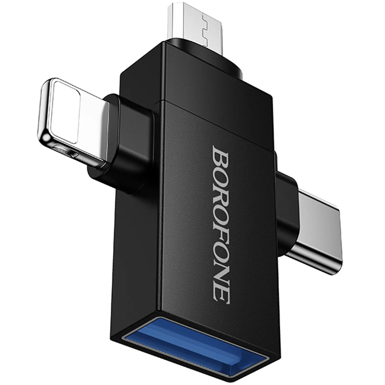 Переходник Borofone BV26D 3in1 Lightning male/Type-C male/Micro male to USB2.0 female, Black, купить оптом с доставкой