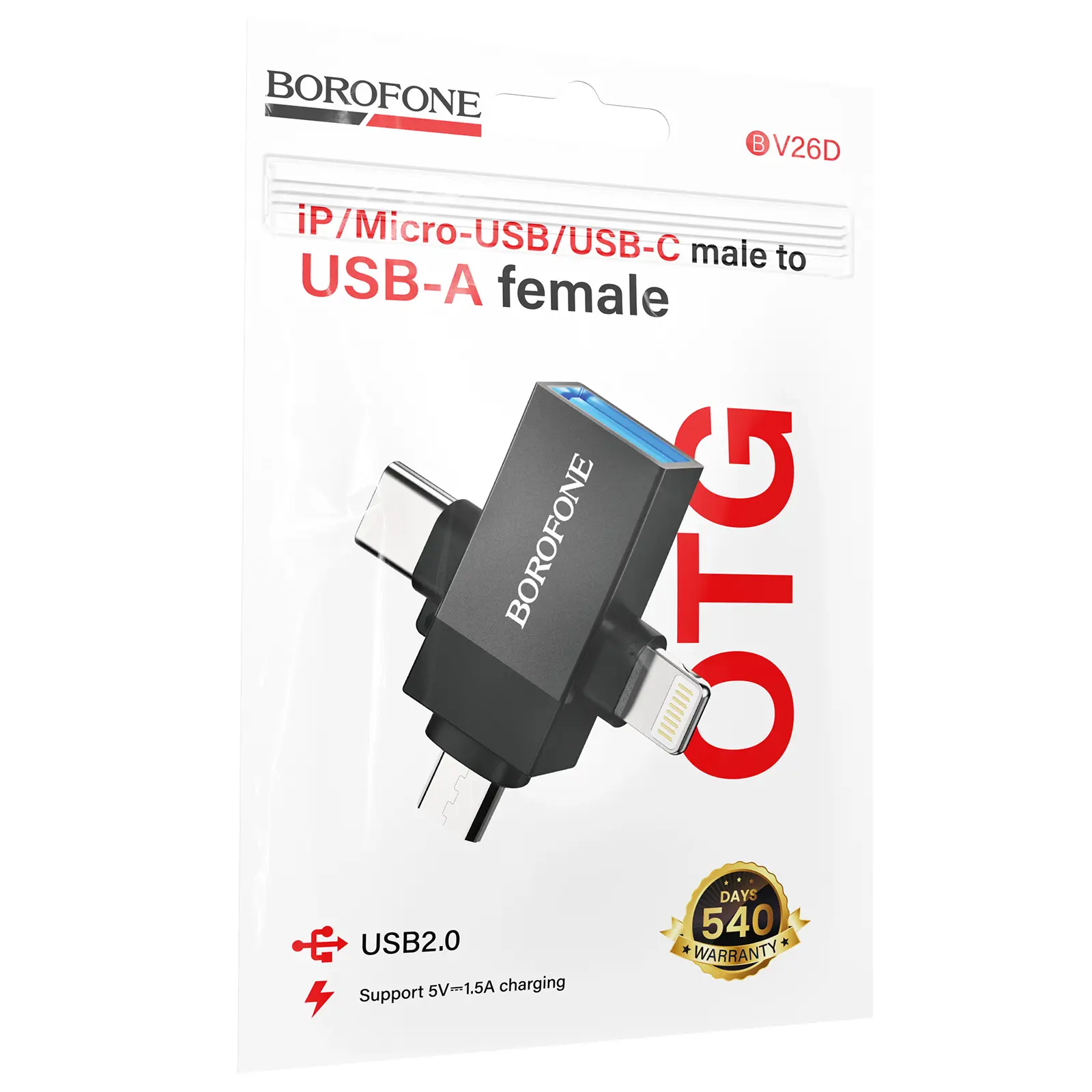 Переходник Borofone BV26D 3in1 Lightning male/Type-C male/Micro male to USB2.0 female, Black 1, купить оптом с доставкой