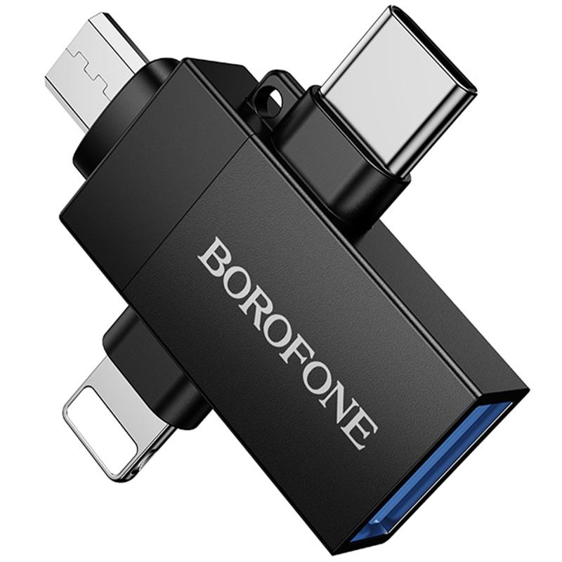 Переходник Borofone BV26D 3in1 Lightning male/Type-C male/Micro male to USB2.0 female на картинке №4