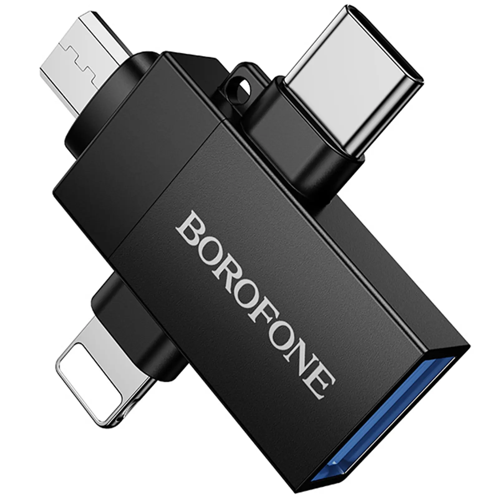 Переходник Borofone BV26D 3in1 Lightning male/Type-C male/Micro male to USB2.0 female, Black 3, купить оптом с доставкой