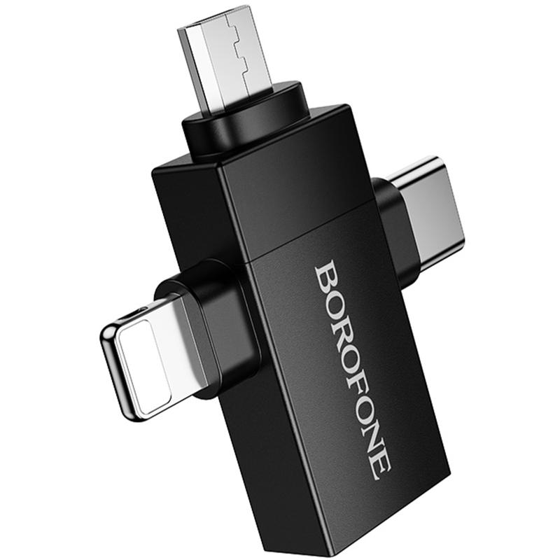 Переходник Borofone BV26D 3in1 Lightning male/Type-C male/Micro male to USB2.0 female на картинке №5
