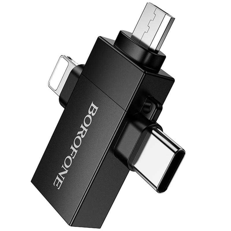 Переходник Borofone BV26D 3in1 Lightning male/Type-C male/Micro male to USB2.0 female на картинке №6