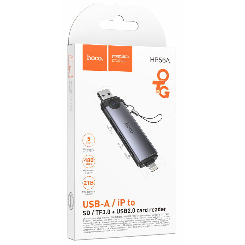 Картридер Hoco HB56A Victory 5in1 Lightning/USB2.0 to SD/TF3.0 + USB 2.0 на картинке №2