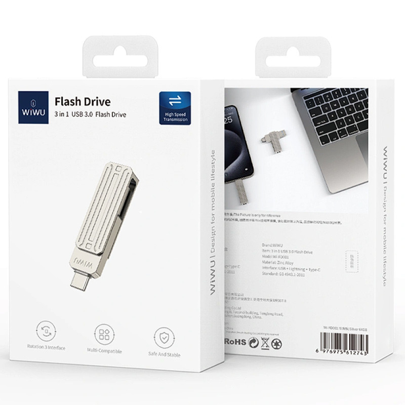 Флеш-драйв USB 3.0 Flash Drive WIWU Wi-FD001 3 in 1 128GB на малюнкі №2