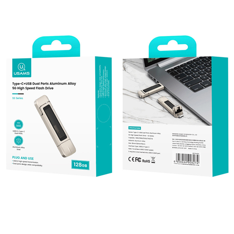 Флеш накопичувач USAMS US-ZB274 USB3.2+Type-C GEN1 Dual Ports Aluminum Alloy 5G Flash Drive 128Gb на малюнкі №6