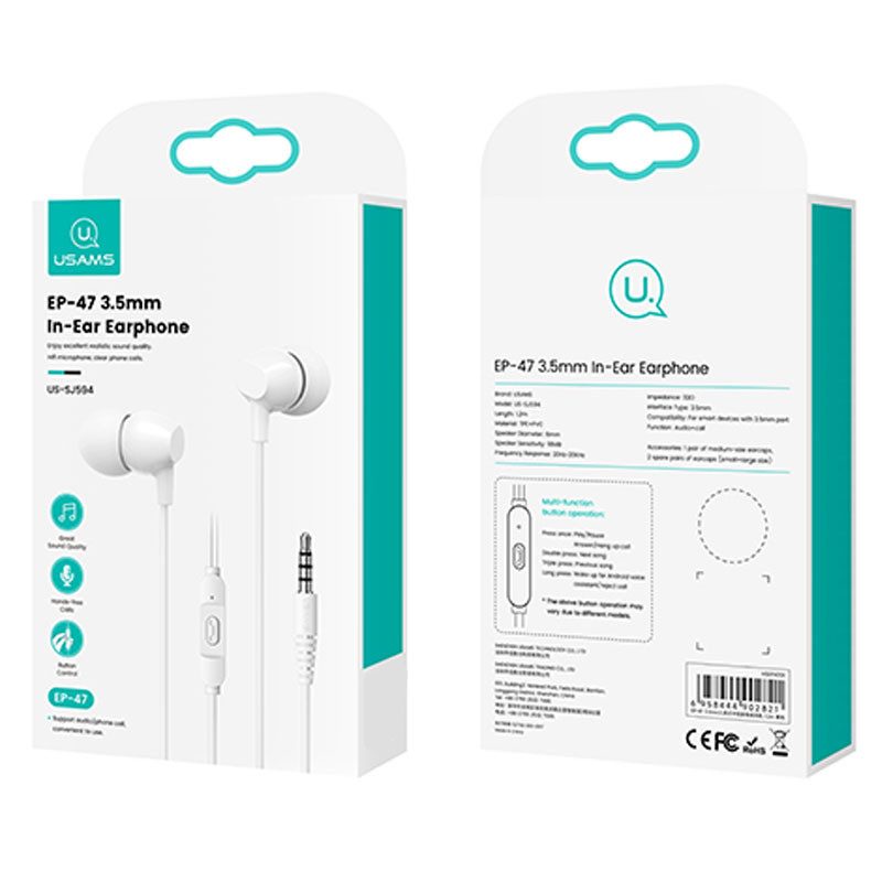 Навушники Usams US-SJ594 EP-47 з мікрофоном (3.5mm/1.2m) дивитися фото №4