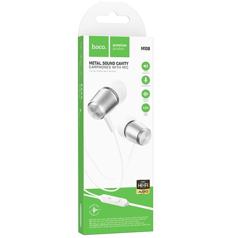 Стерео Наушники Hoco M108 Spring metal universal with mic (3.5mm/1.2m) на картинке №3