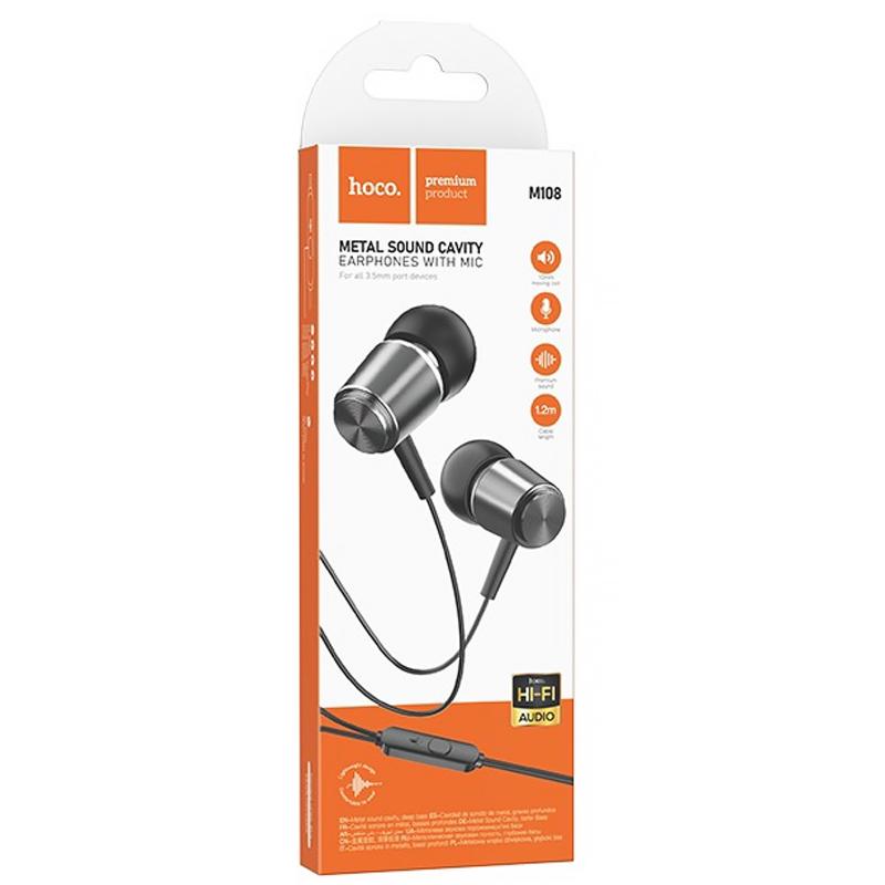 Стерео Наушники Hoco M108 Spring metal universal with mic (3.5mm/1.2m) на картинке №2