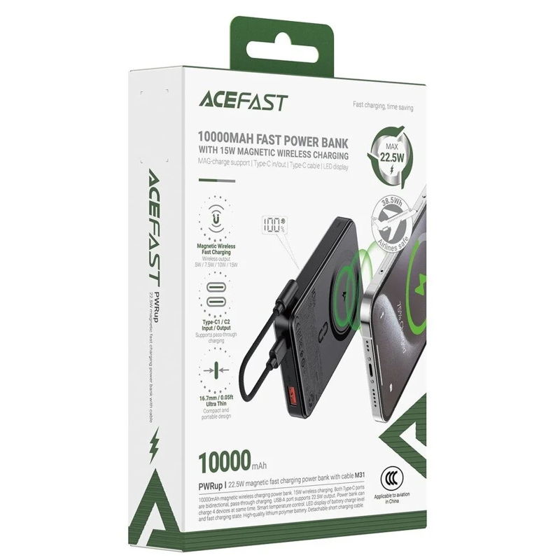 Портативное ЗУ Power Bank Acefast M31 PD22.5W с БЗУ with cable 10000 mAh, Black 3, купить оптом с доставкой