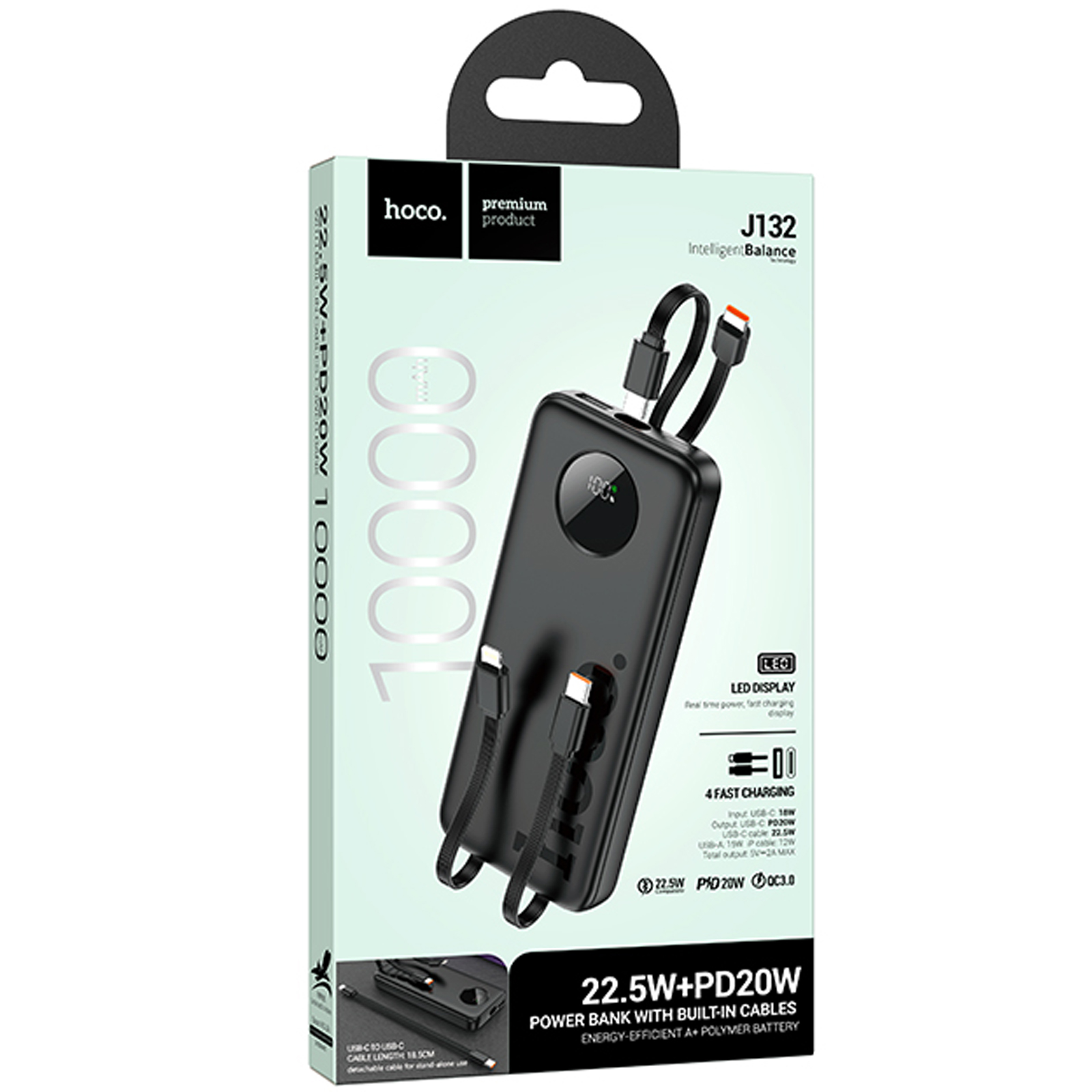 Портативний ЗП Power Bank Hoco J132 Sabio 22.5W+PD20W with 3 cables 10000 mAh, Black 1, купити оптом з доставкою