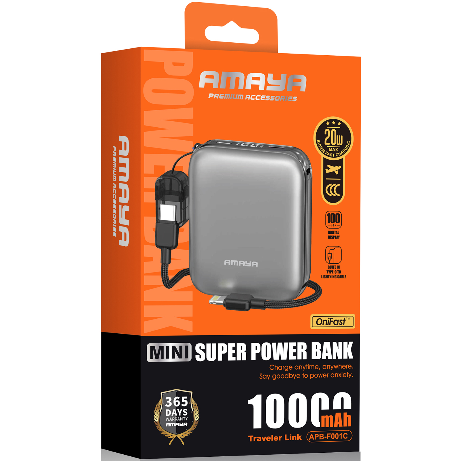 Портативний ЗП Power Bank Amaya F001C PD20W with cable 10000 mAh, Gun Gray 1, купити оптом з доставкою