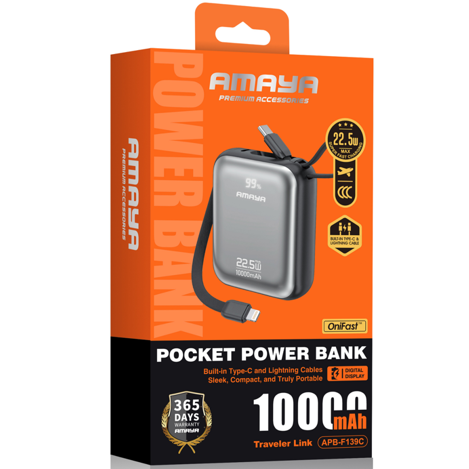 Портативний ЗП Power Bank Amaya F139C PD22.5W with cable 10000 mAh, Black 1, купити оптом з доставкою