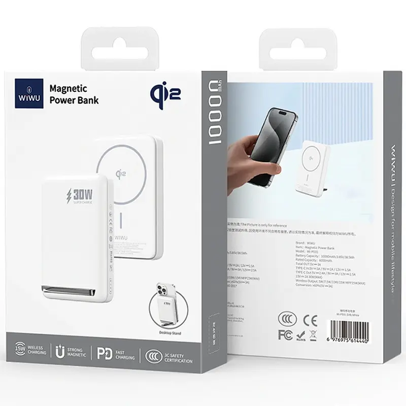 Портативное ЗУ Power Bank WIWU Wi-P031 Magnetic с БЗУ Qi2 30W 10000 mAh, White 3, купить оптом с доставкой