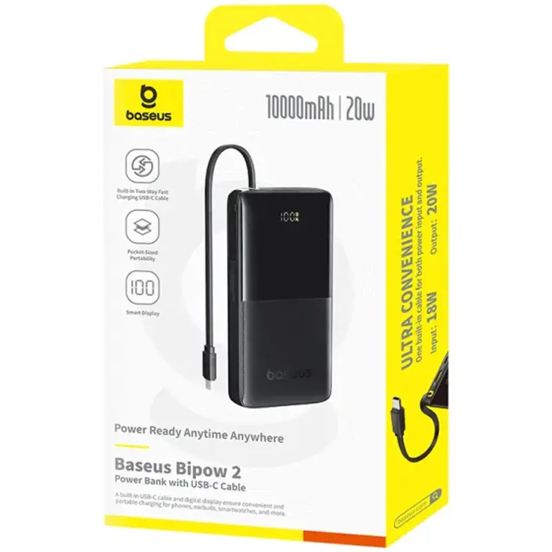 Портативное ЗУ Power Bank Baseus Bipow 2 Digital Display PD20W with cable 10000 mAh (P10077101113), Cluster Black 4, купить оптом с доставкой