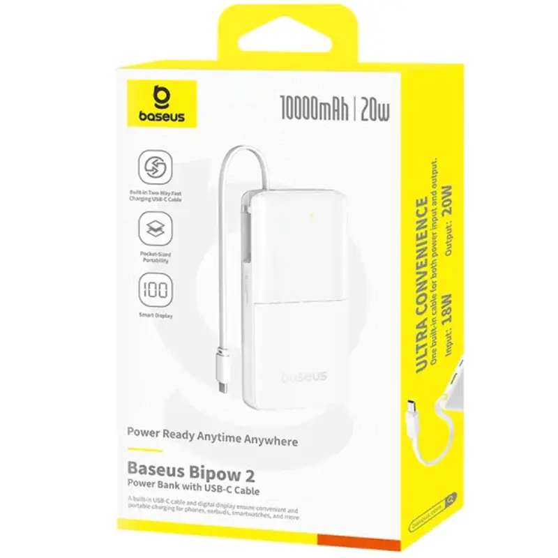 Портативное ЗУ Power Bank Baseus Bipow 2 Digital Display PD20W with cable 10000 mAh (P10077101113), Moon White 4, купить оптом с доставкой