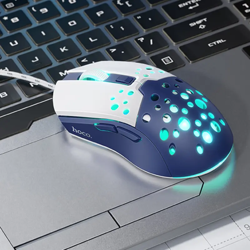 Мышь проводная Hoco GM51 Sky Luminous, White / Blue 2, купить оптом с доставкой