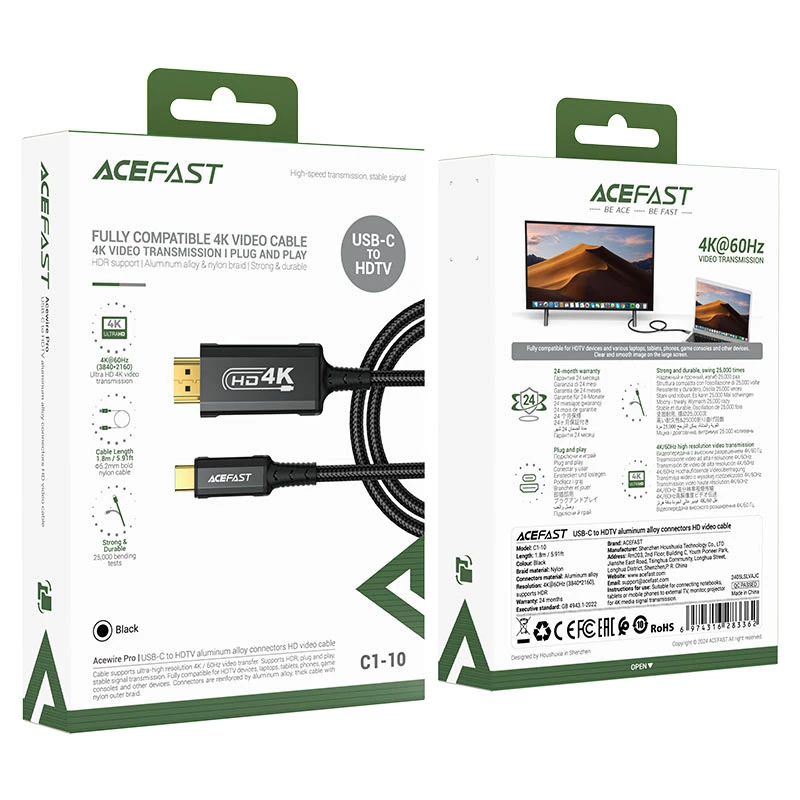 Дата кабель Acefast C1-10 USB-C to HDTV (1.8m), Black 1, купити оптом з доставкою