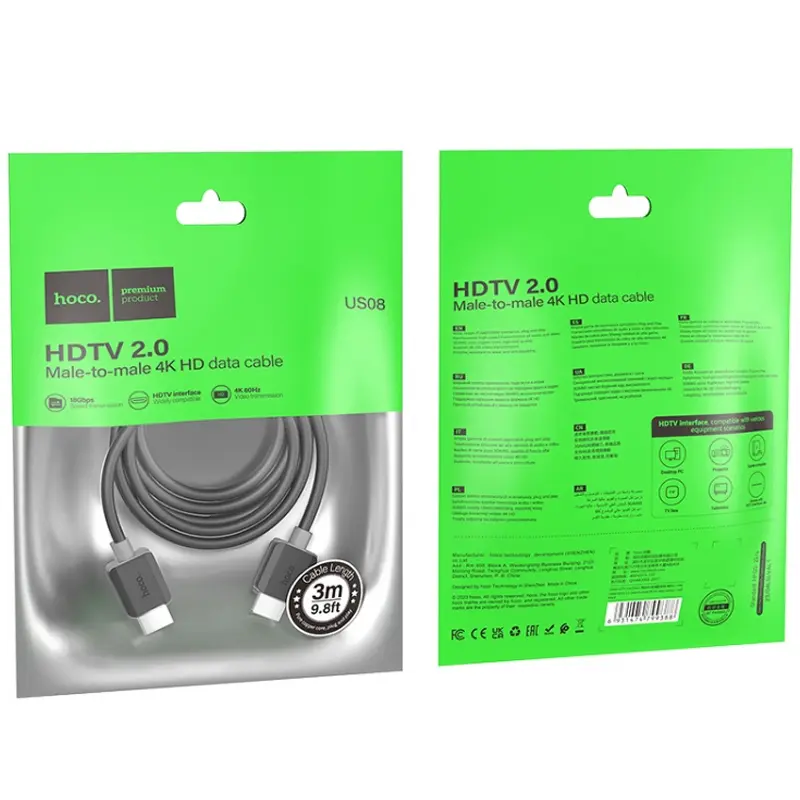 Дата кабель Hoco US08 HDTV 2.0 male to male 4K HD (1m), Black 2, купить оптом с доставкой