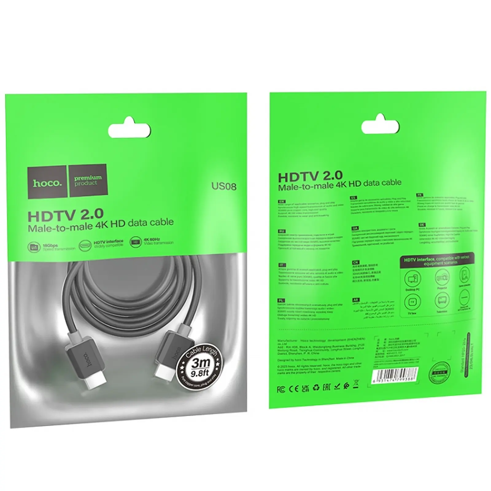 Дата кабель Hoco US08 HDTV 2.0 male to male 4K HD (1m), Black 2, купить оптом с доставкой