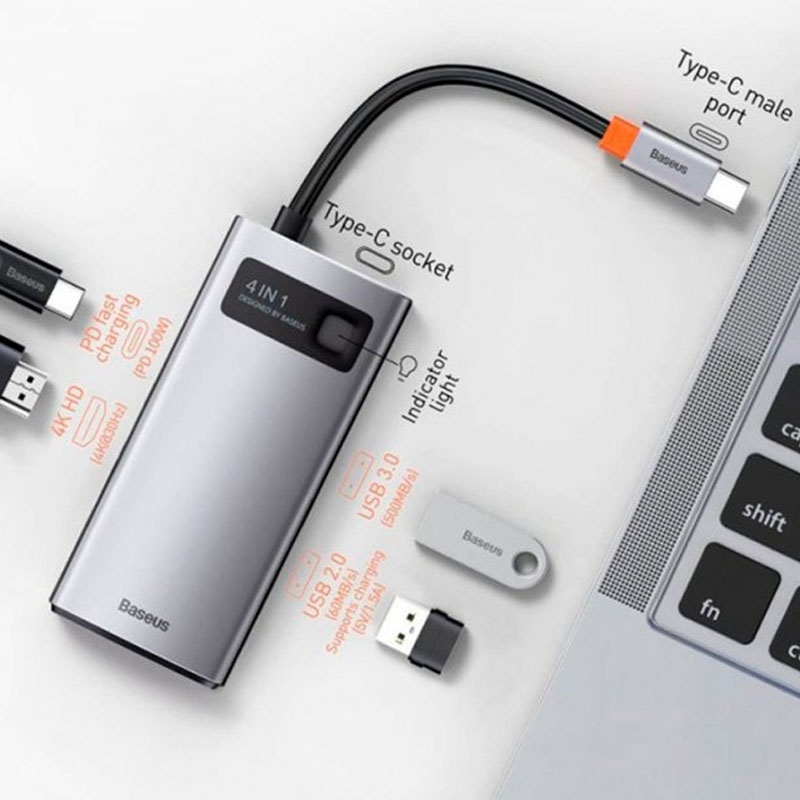 Уценка Переходник HUB Baseus Metal Gleam Series 4-in-1 Type-C (CAHUB-CY), Поврежденная упаковка / Gray 1, купить оптом с доставкой