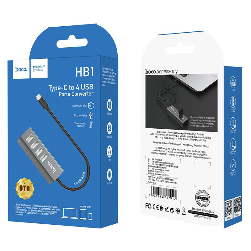 Перехідник HUB Hoco HB1 USB to USB 2.0 (4 port) (1m) на малюнкі №5