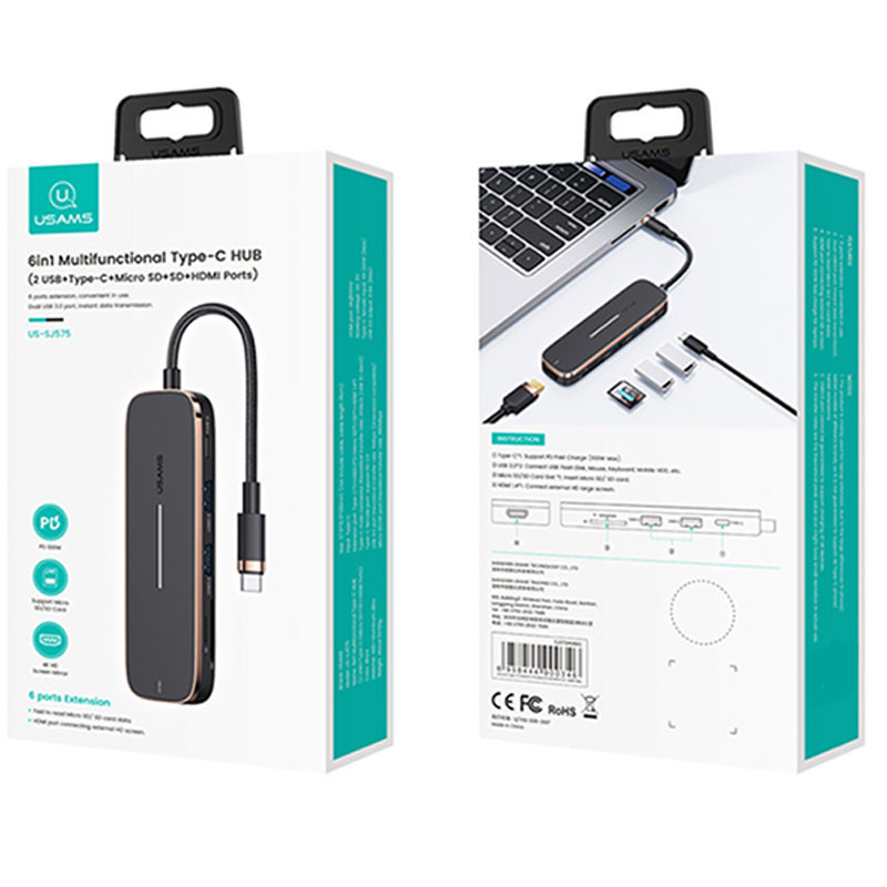 Перехідник HUB Usams US-SJ575 6in1 Multifunctional (Type-C to 2USB+Type-C+Micro SD+SD+HDMI ports) дивитися фото №6