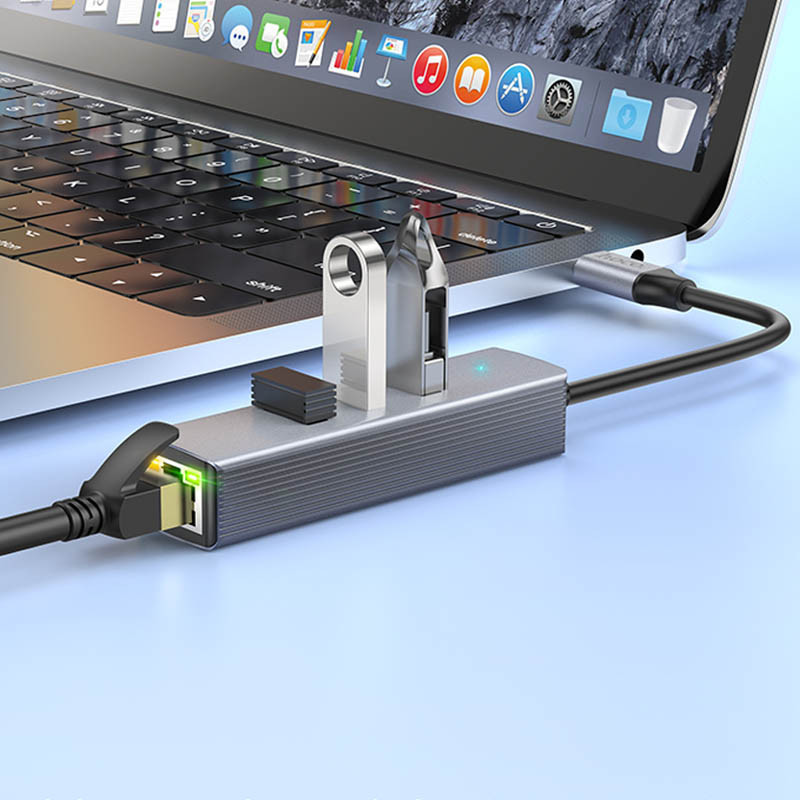 Перехідник HUB Hoco HB34 Easy link Type-C Gigabit network adapter (Type-C to USB3.0*3+RJ45) дивитися фото №7