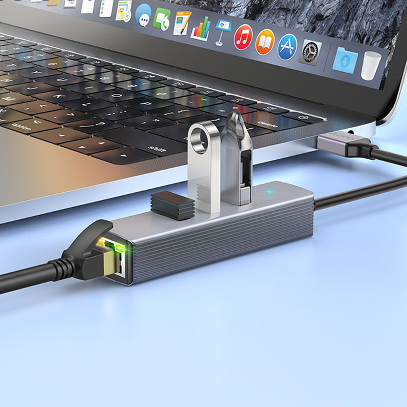 Перехідник HUB Hoco HB34 Easy link USB Gigabit Ethernet adapter (USB to USB3.0*3+RJ45) дивитися фото №8