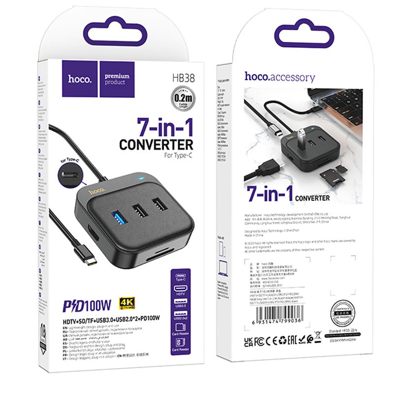 Перехідник HUB Hoco HB38 Easy link 7-in-1 Multiport Adapter(HDTV+SD/TF+USB3.0+USB2.0*2+PD100W) дивитися фото №6