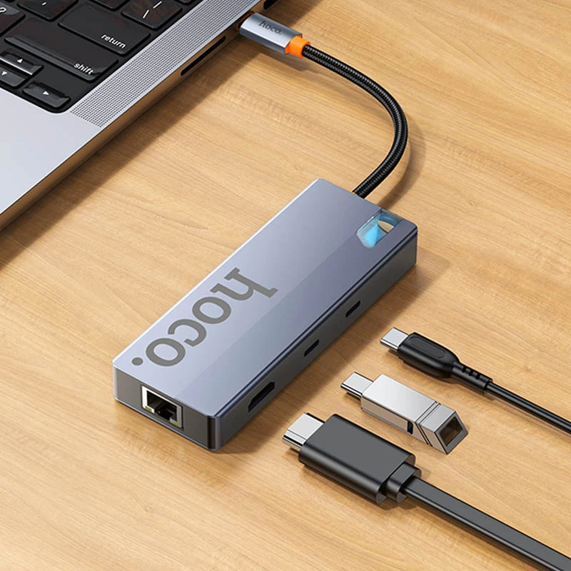 Перехідник HUB Hoco HB52 Wow 8in1 (Type-C to HDTV+RJ45+SD/TF+PD+Type-C3.0+2xUSB3.0), Deep space gray 4, купити оптом з доставкою