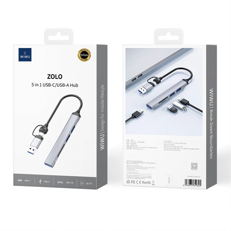 Перехідник HUB WIWU Wi-HB003 ZOLO 5 in 1 (USB-C/USB-A to 2xUSB2.0+1xUSB3.0+SD/TF) на малюнкі №6