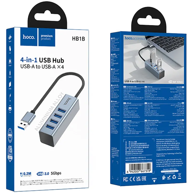 Перехідник HUB Hoco HB1B 4in1 (USB to 4xUSB 3.0) (0.2m), Metal gray 5, купити оптом з доставкою