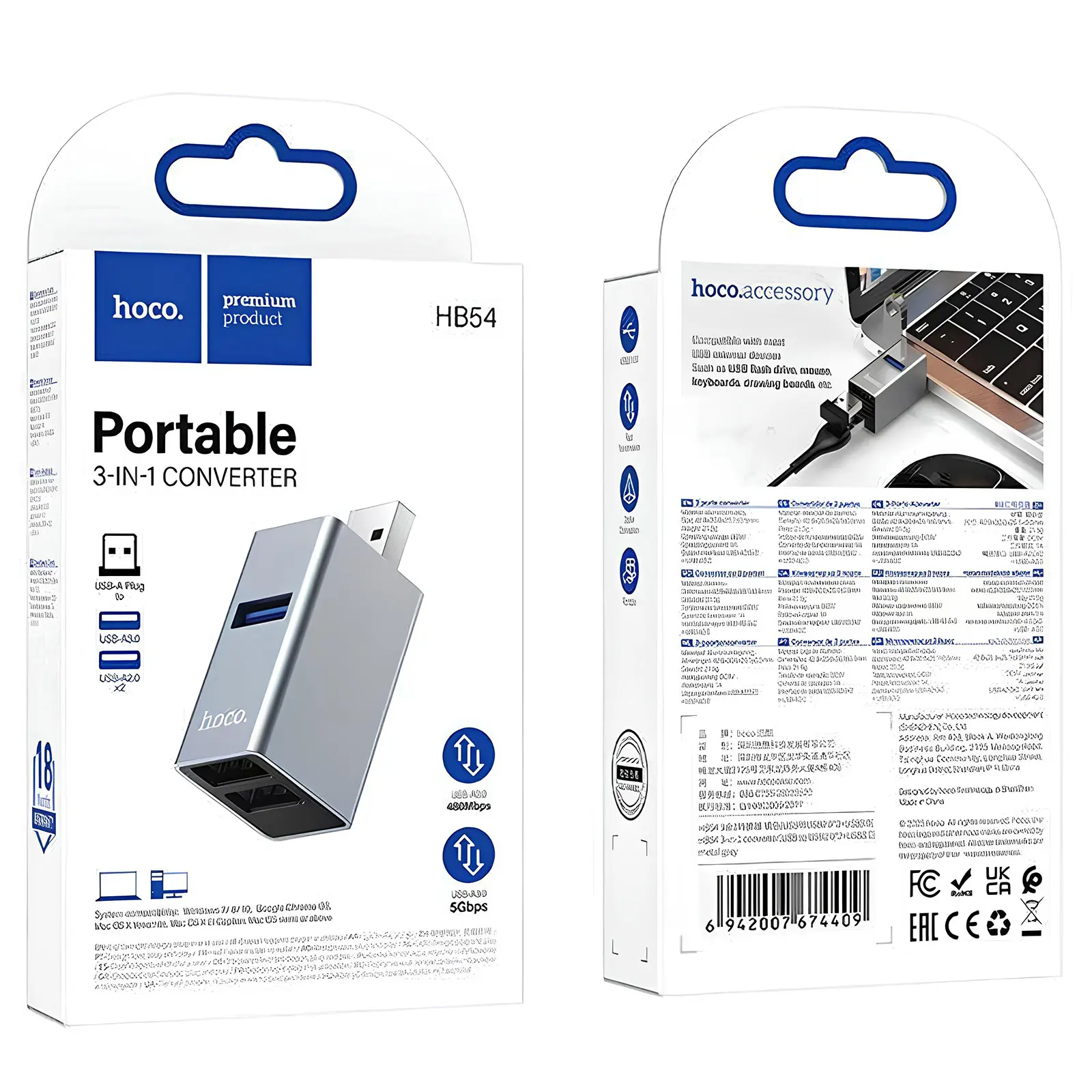 Перехідник HUB Hoco HB54 3in1 (USB to 2xUSB2.0+USB3.0), Metal grey 2, купити оптом з доставкою