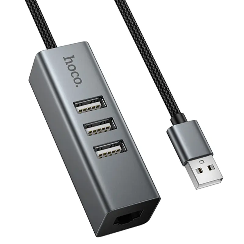 Перехідник HUB Hoco HB1D USB to USB2.0*3+RJ45, купити оптом з доставкою
