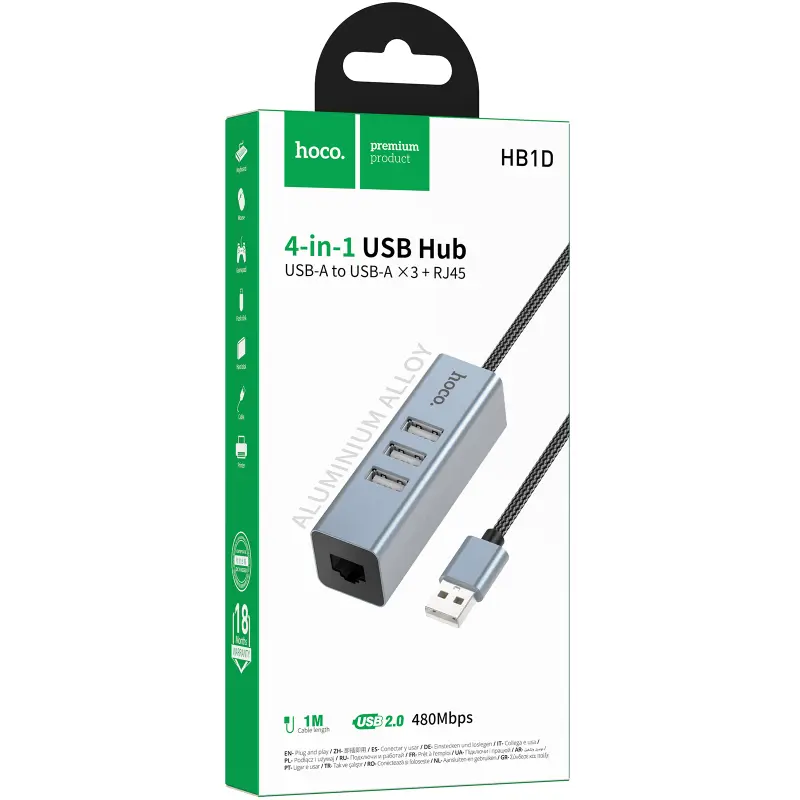 Перехідник HUB Hoco HB1D USB to USB2.0*3+RJ45, Metal gray 1, купити оптом з доставкою