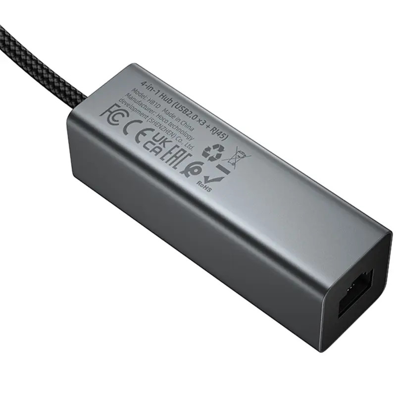 Перехідник HUB Hoco HB1D USB to USB2.0*3+RJ45, Metal gray 2, купити оптом з доставкою