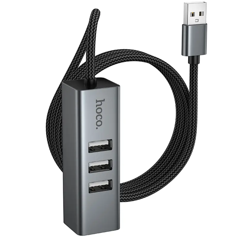 Перехідник HUB Hoco HB1D USB to USB2.0*3+RJ45, Metal gray 3, купити оптом з доставкою