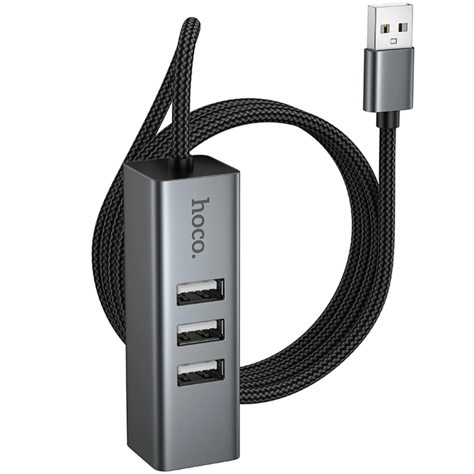 Перехідник HUB Hoco HB1D USB to USB2.0*3+RJ45, Metal gray 3, купити оптом з доставкою