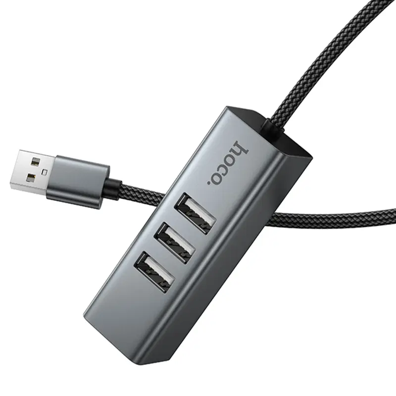 Перехідник HUB Hoco HB1D USB to USB2.0*3+RJ45, Metal gray 4, купити оптом з доставкою