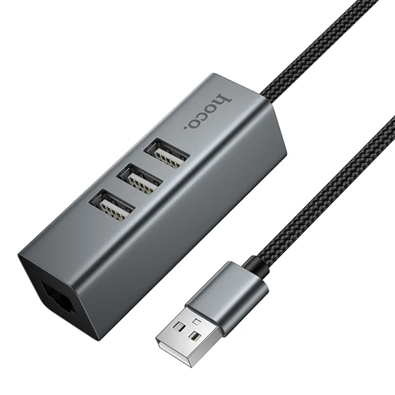 Перехідник HUB Hoco HB1D USB to USB2.0*3+RJ45, Metal gray 5, купити оптом з доставкою